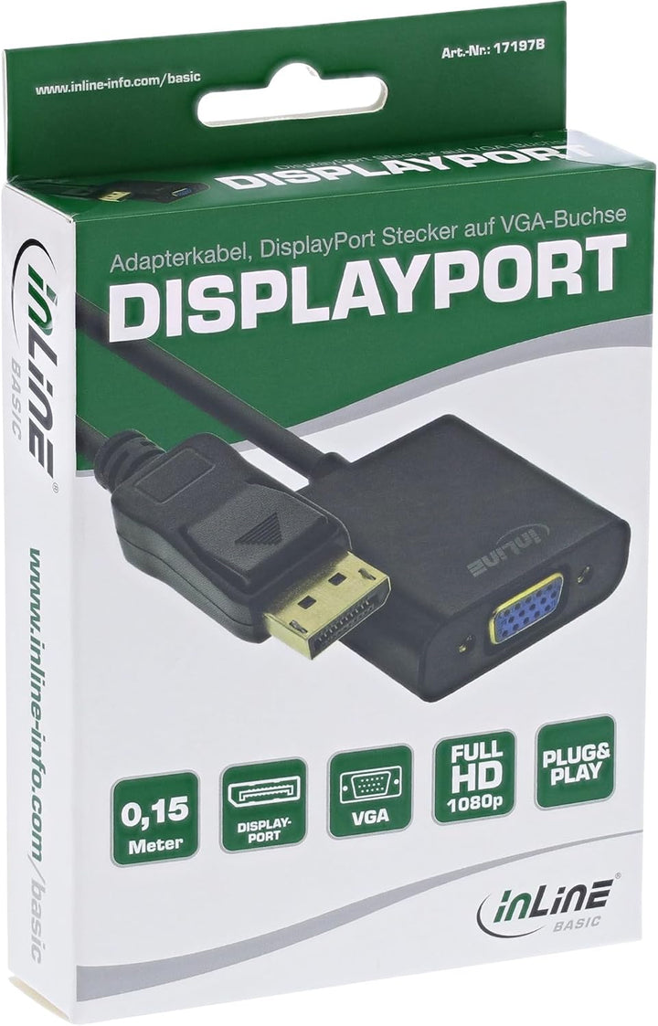 InLine 17197B Basic DisplayPort Adapterkabel, DisplayPort Stecker auf VGA Buchse, schwarz, 0,15m