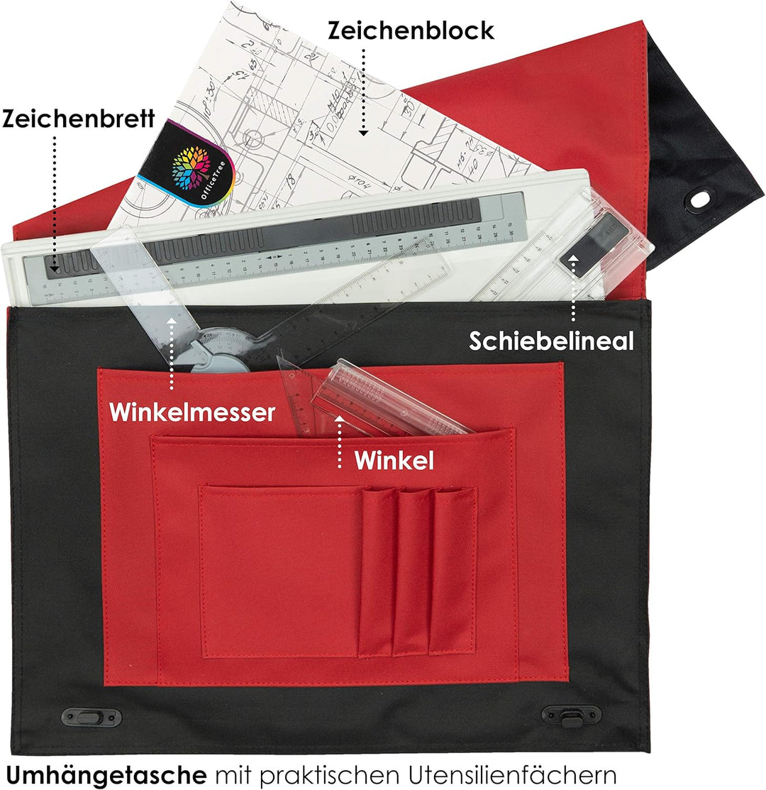 OfficeTree Zeichenplatte A4 - Inkl. Tragetasche, Schiebelineal, Geodreieck UVM. - Zeichenbrett A4 fü