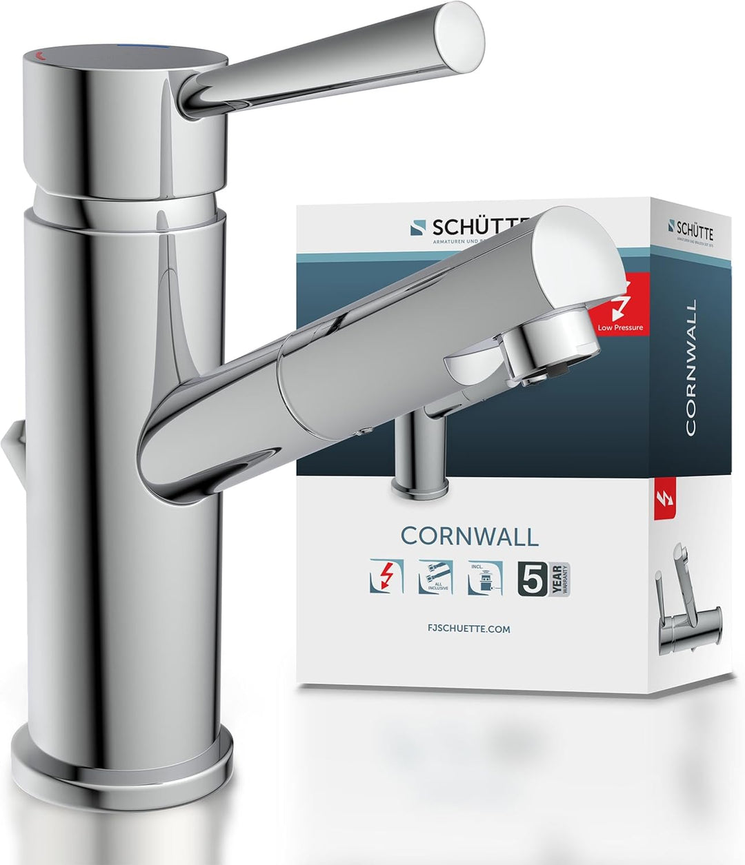SCHÜTTE Waschtischarmatur CORNWALL Niederdruck, Badarmatur, Einhebelmischer mit Ablaufgarnitur, Chro