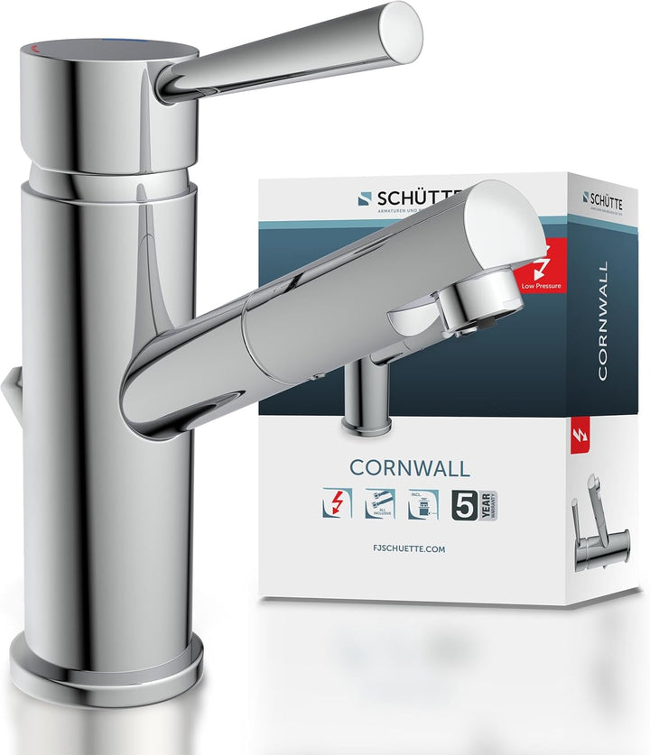 SCHÜTTE Waschtischarmatur CORNWALL Niederdruck, Badarmatur, Einhebelmischer mit Ablaufgarnitur, Chro
