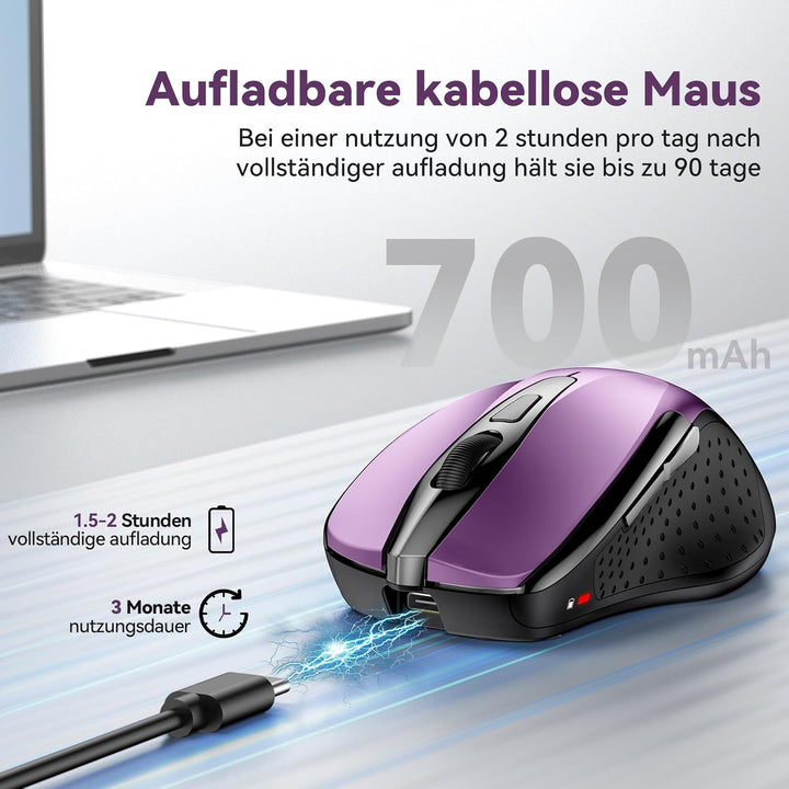 TechRise Bluetooth Maus, 2.4G Maus Kabellos (BT 5.0/3.0 + 2.4G) 4800 DPI Wiederaufladbare Ergonomisc