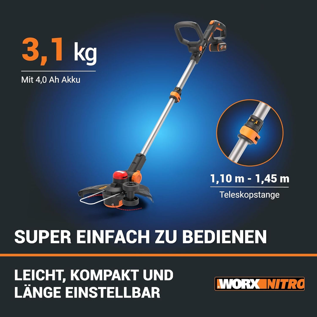WORX Nitro WG173E Akku Rasentrimmer 20V - leistungsstarker bürstenloser Motor - 33 cm Schnittkreis -