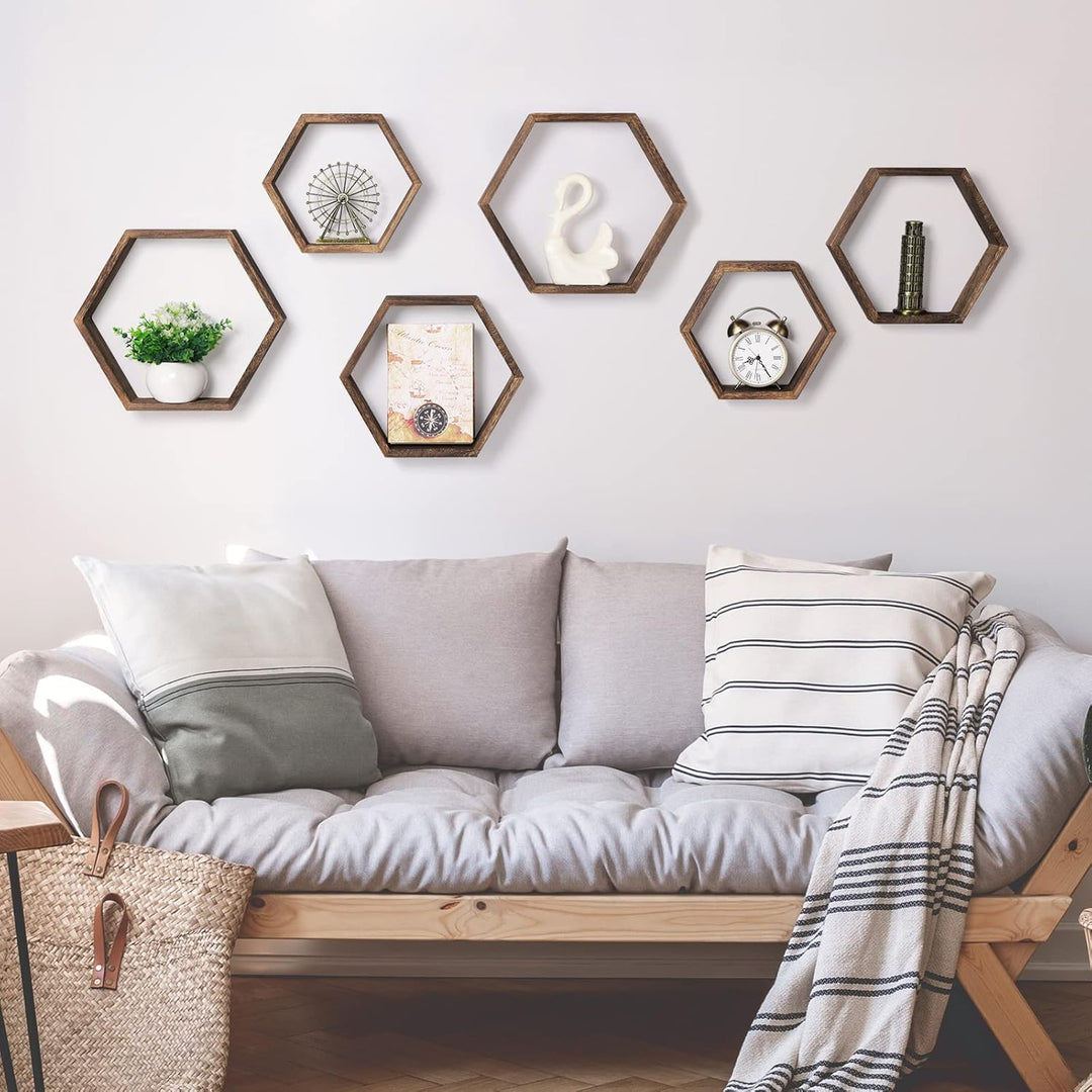 Sechseckige schwebende Regale 6er Set Bauernhaus Waben Wandaufbewahrung Regal Holz Display Sechsecki