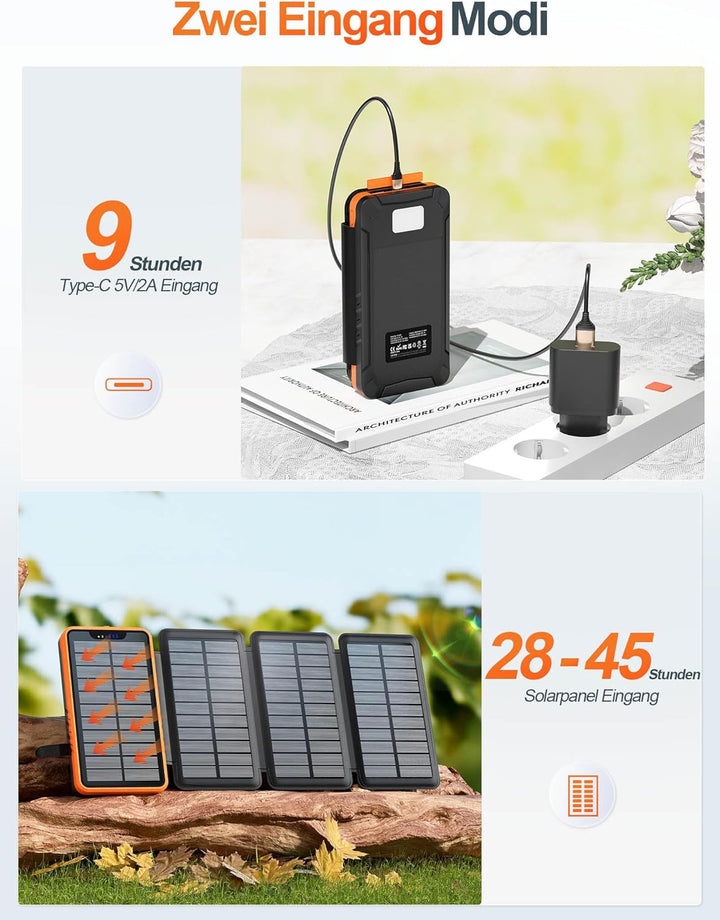 Solar Powerbank 26800mAh, elzle Solar Ladegerät mit 2 USB-Ausgangsport & 1 USB-Eingangsport, Outdoor