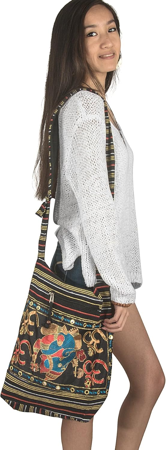Tribe Azure Fair Trade Damen Hobo OM Schwarz Kreuz Body Schulter Tasche Elefant Bestickt Schule Allt