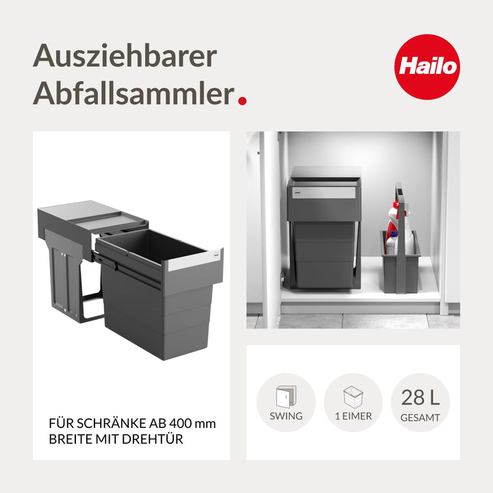 Hailo Abfallsammler 3666911 | Single Box 24 Liter Einbau-Mülleimer | für Unterschränke ab 30 cm Brei