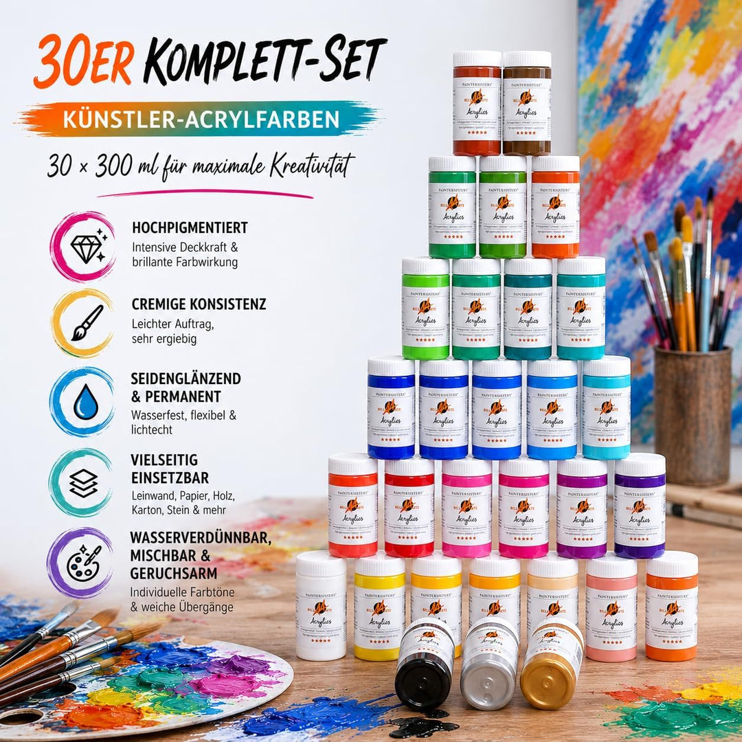 Bella Arte Künstler Acrylfarbe 30 x 300 ml Set – Hochpigmentierte Acrylfarben – Wasserfest, Lichtbes