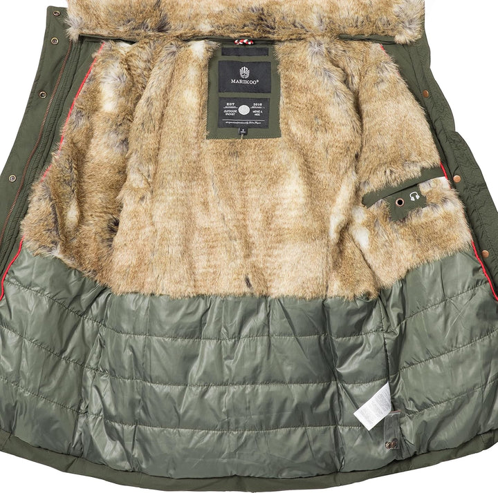 MARIKOO Damen Wintejacke warme Steppjacke mit Kunstfell Innenfutter Nekoo XS-3XL S Grün, S Grün