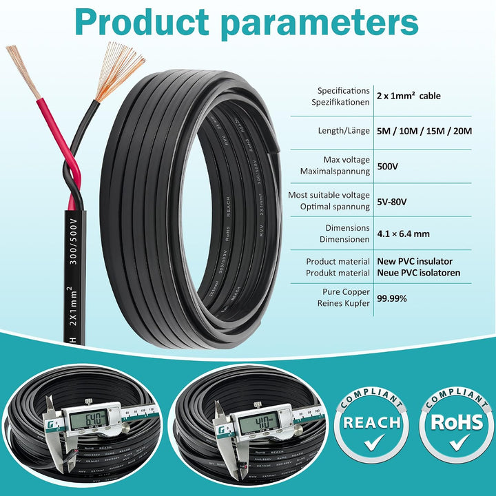 2 Adriges Anhängerkabel - 2x1.0mm² Kupfer Kabel für Anhänger 2 Polig 12V/24V - Anhänger Verlängerung