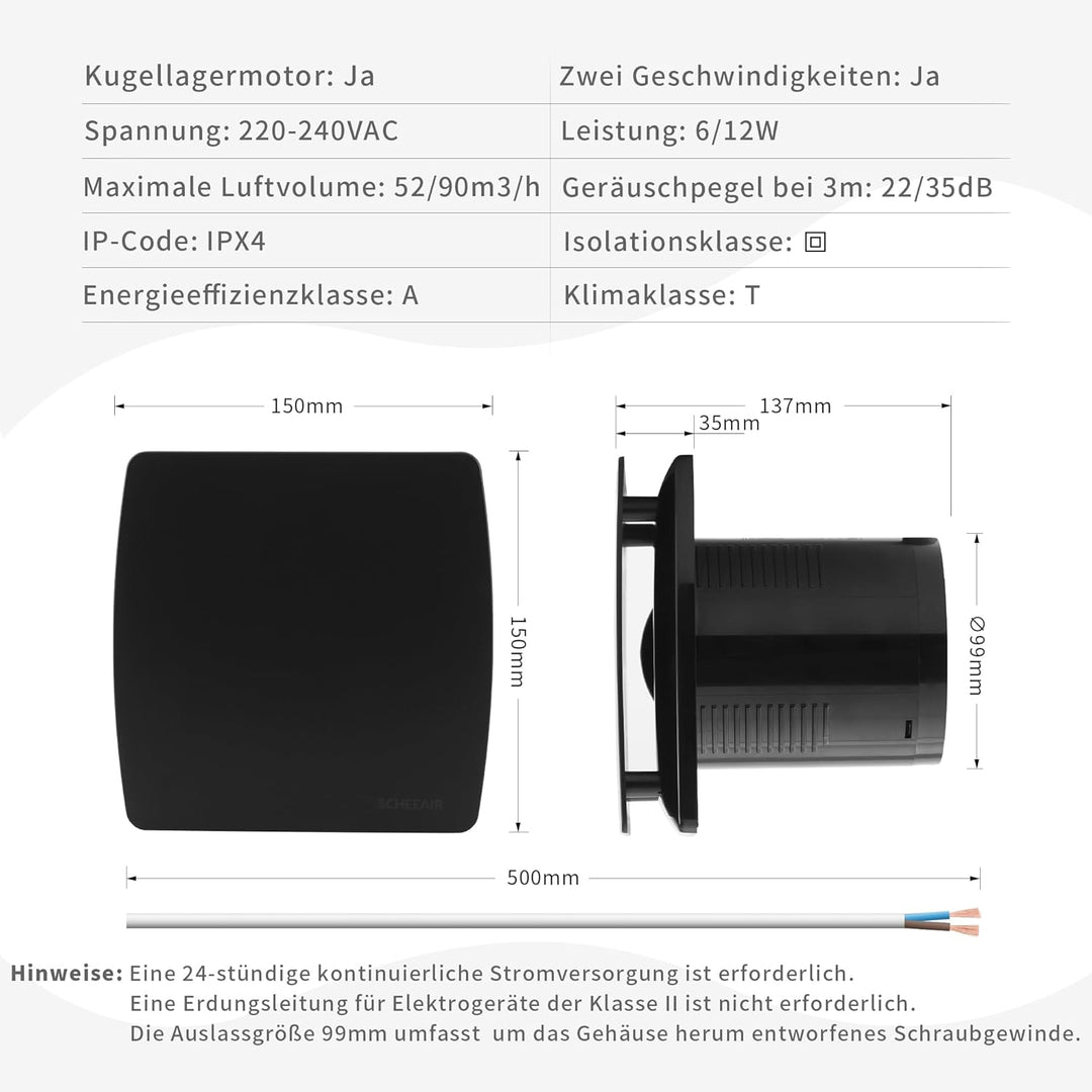 Nova100 100mm Smart WiFi Badlüfter mit Luftfeuchtigkeitssensor, Bewegungsensor und Nachlaufzeit zur