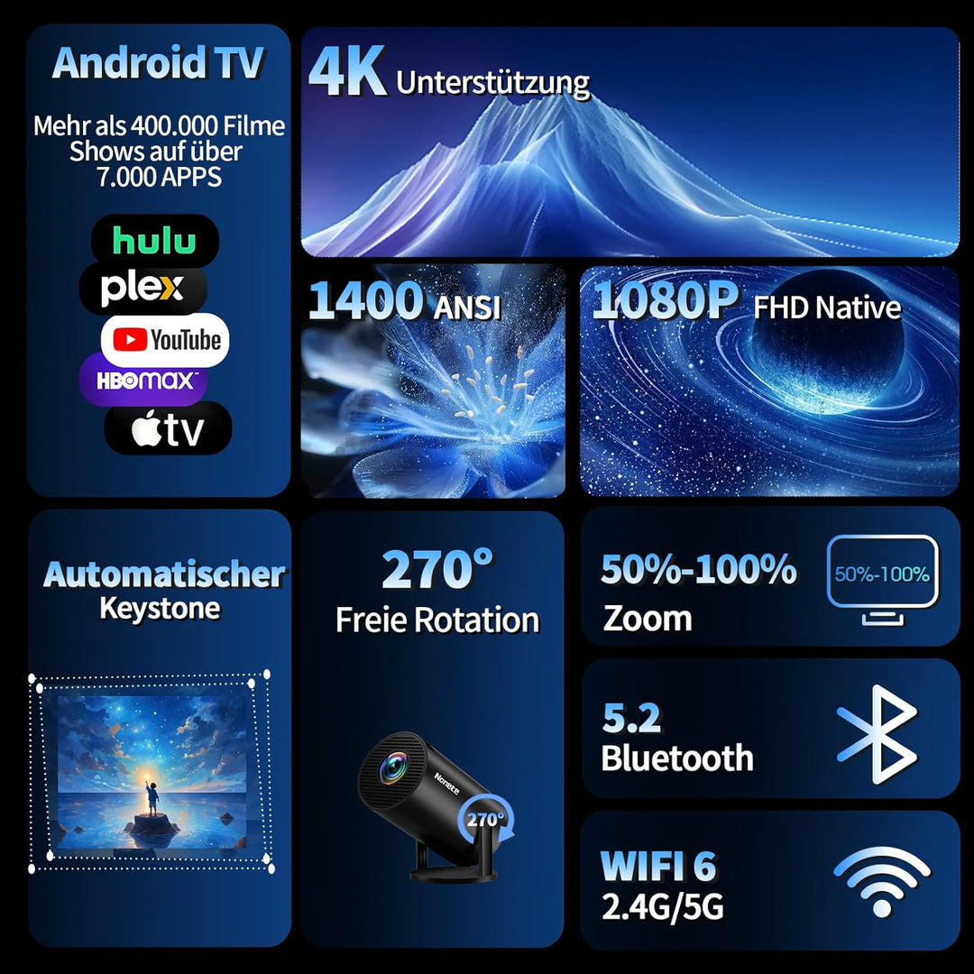 Beamer 4K Projektor Full HD 1080P【2026 Modell】 Mini Beamer mit WiFi 6 und Bluetooth 5.2, Android Tra