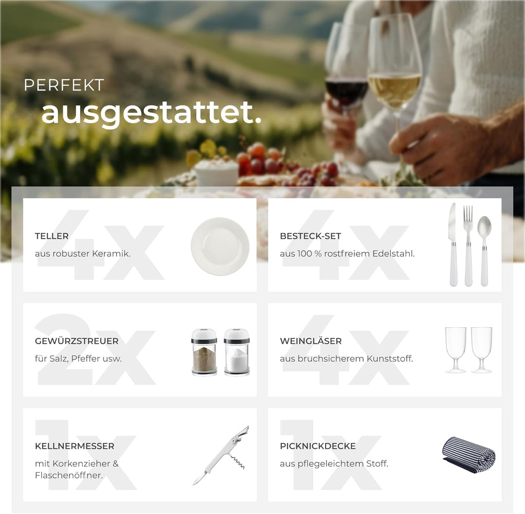 tectake® Picknickkorb und Picknickdecke 4 Personen, befüllter Picnic Basket Weidenkorb für Ausflug,