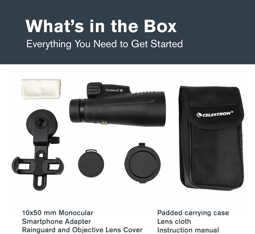 Celestron 72370 Outland X 10x50 Waterproof Monocular with Smartphone Adapter, Bluetooth Remote, Eyep