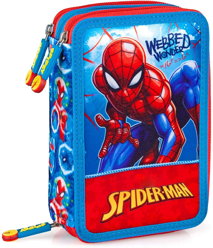 L'ERBAVOGLIO Federmäppchen für Schule, 3 Reissverschluss, komplett mit 44 Stück, Spiderman (rot/hell