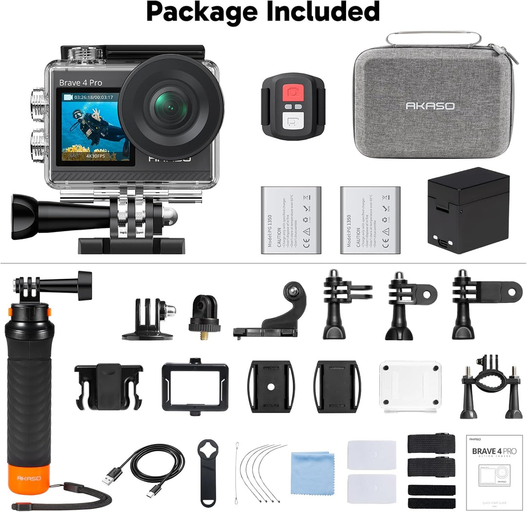 AKASO Brave 4 Pro Action Cam 4K30FPS 20MP mit Schwimmender Handgriff und Tasche 40M Unterwasserkamer