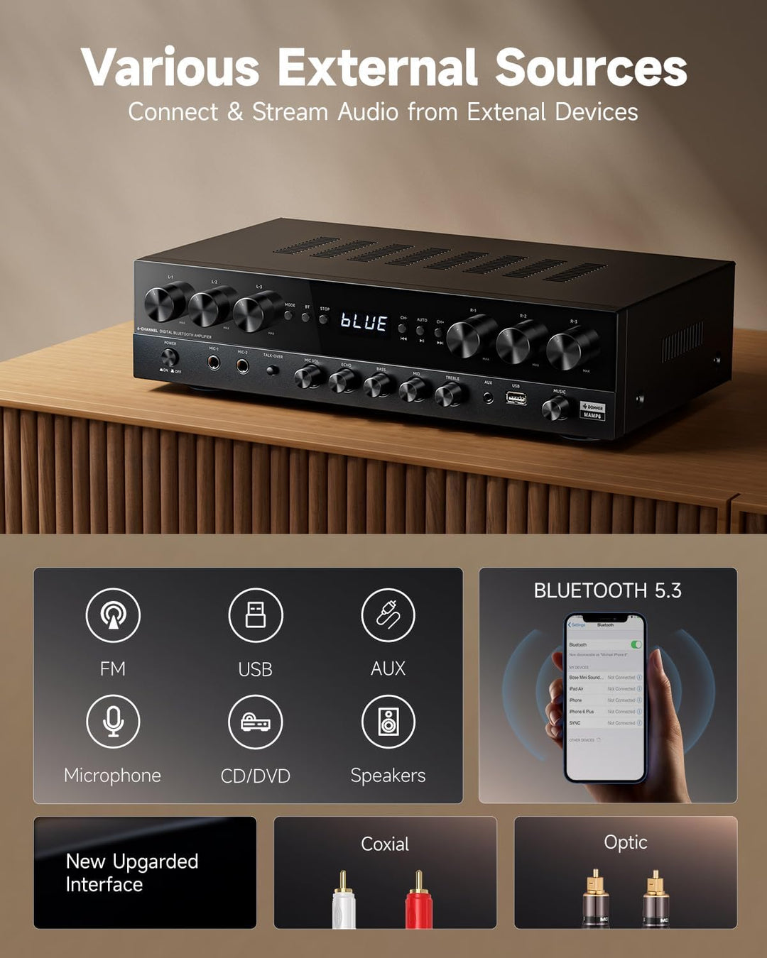 Donner Stereo Verstärker, 6-Kanal Verstärker mit 1000 W Maximalleistung und Bluetooth 5.3, USB, FM,
