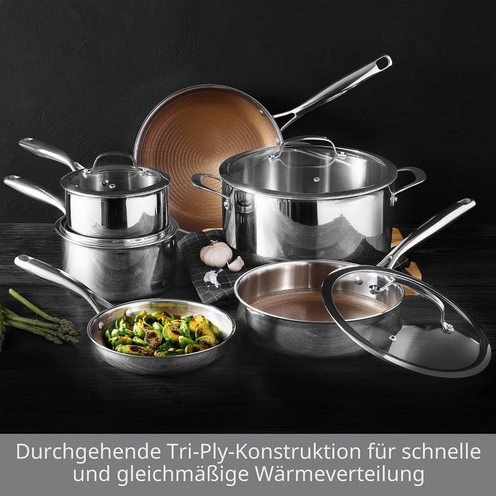 MasterPRO GIRO - 10-tlg. 3-PLY Hybrid Edelstahl Kochgeschirr-Set - Topf, Pfannen & Stielkasserolen -
