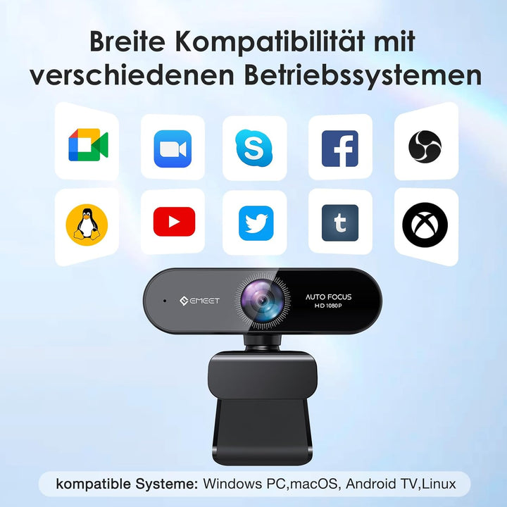 EMEET Webcam 1080P - NOVA Webcam mit Autofokus, Full HD Webcam mit 96° Weitwinkel und 2 Mikrofon mit