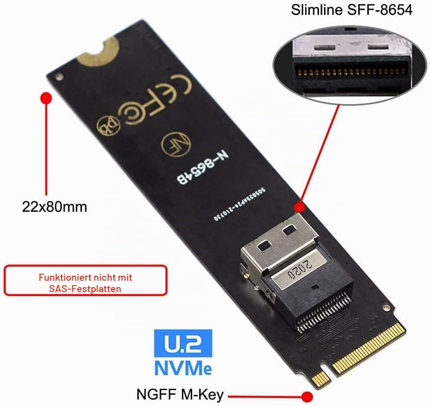 Xiwai NGFF M-Key NVME zu SFF-8654 Slimline SAS Kartenadapter und U.2 U2 SFF-8639 NVME PCIe SSD Kabel