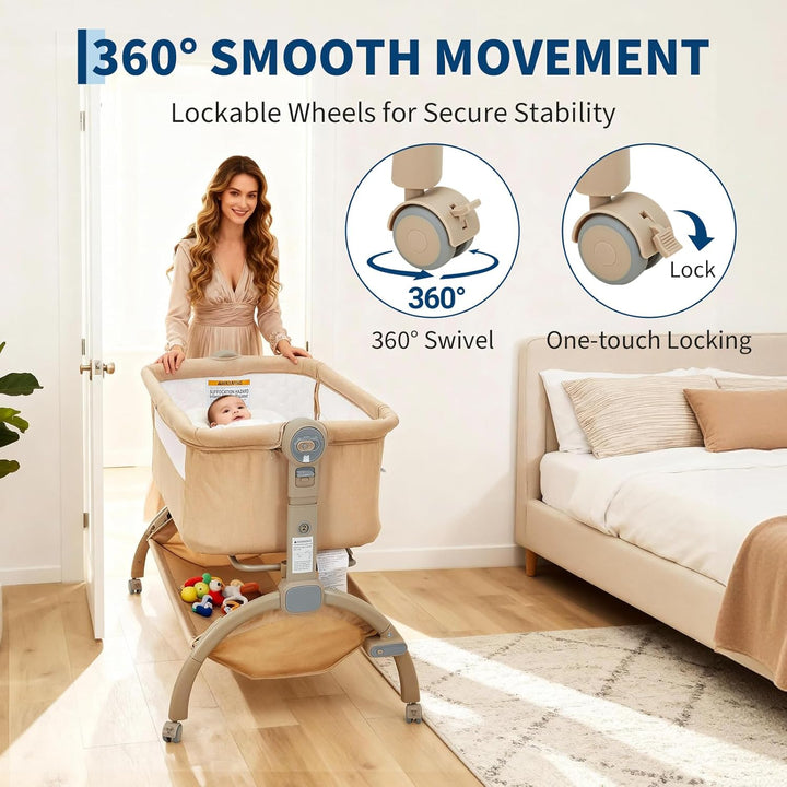 GarveeTech Beistellbett Baby höhenverstellbar mit Matratze, Mesh-Seiten, Wiegefunktion, Rollen mit B