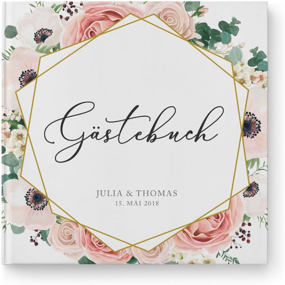 DeinWeddingshop Gästebuch Hochzeit - personalisiert - Hochzeitsgästebuch, Hardcover 21x21 cm (Inhalt