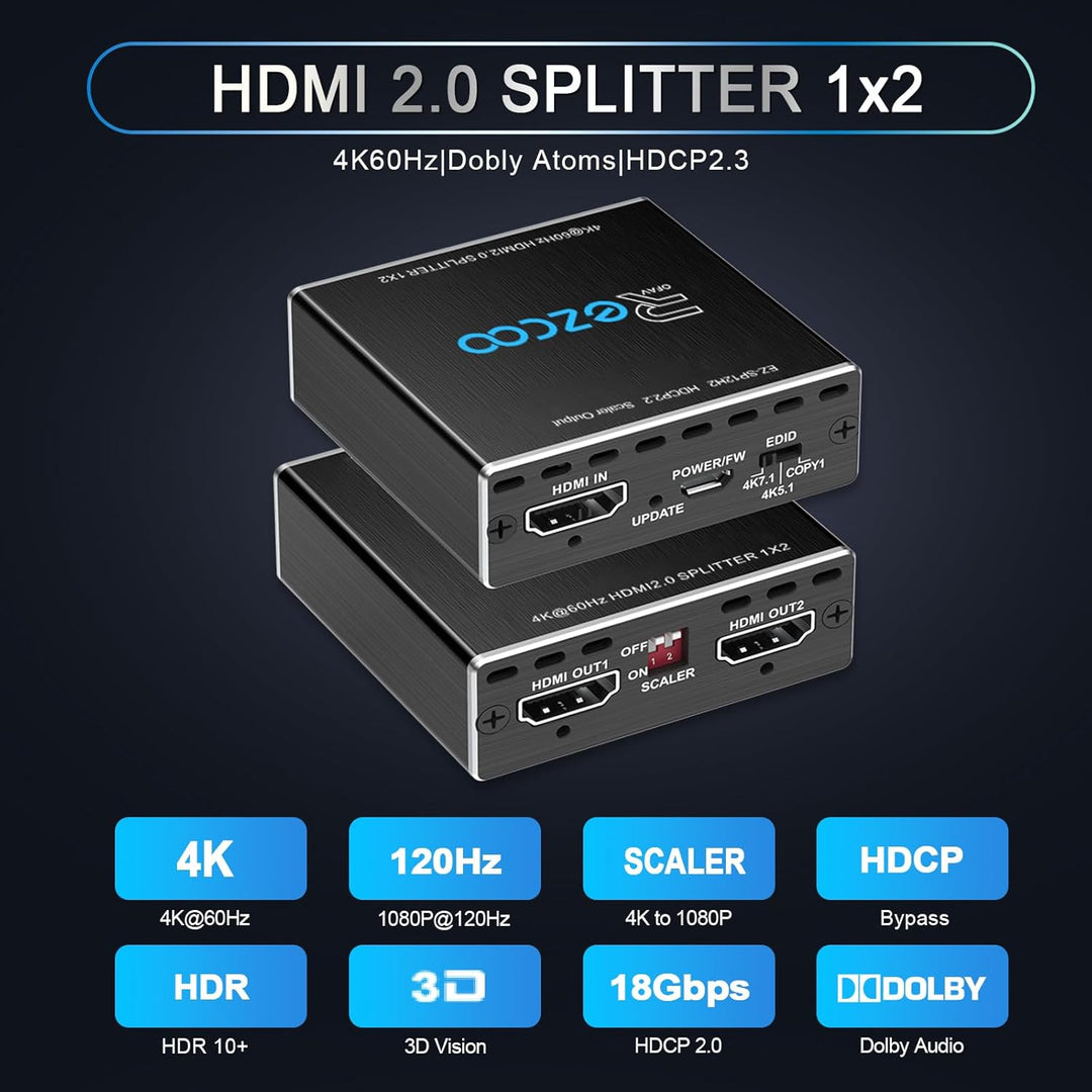 4K 60Hz HDMI Splitter 1x2 1080P 120Hz HDCP2.2 HDR 18Gbps UHD Dolby Vision Atmos EDID Scaler 4K 1080P