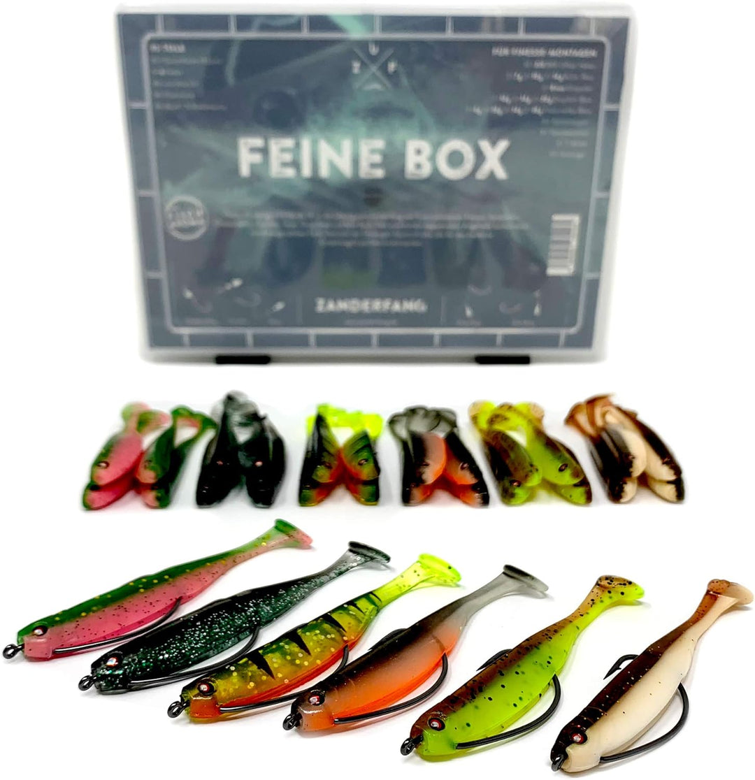 Zanderfang Finesse Angelset 95-teilig – Gummiköder Set mit 30 Gummifischen, Offset-Haken & Box – Dro