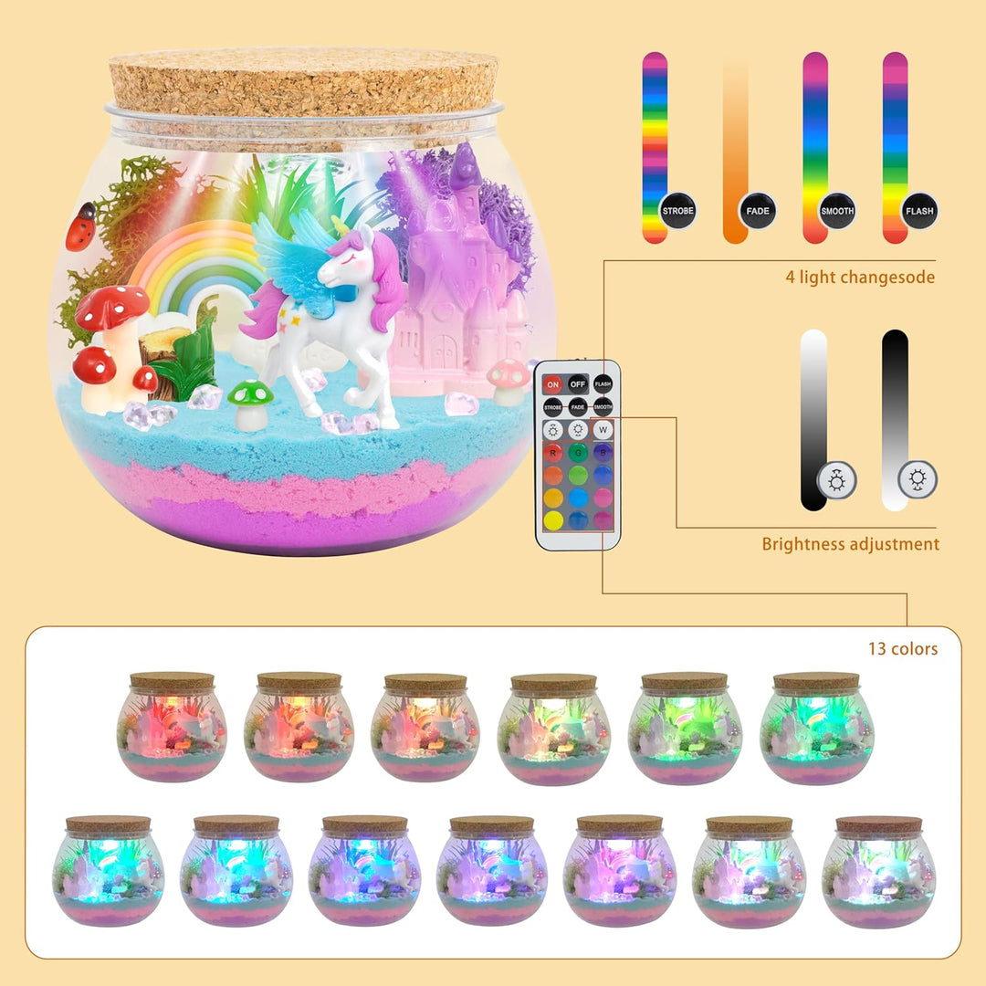 Einhorn Terrarium für Mädchen, Bastelset mit Fernbedienung und bunten Lichtern, Nachtlicht für Gebur