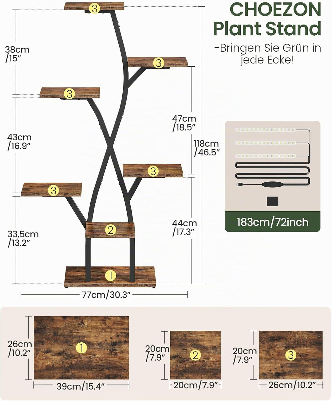 CHOEZON Blumenständer mit Pflanzenlampe, 7-stufiges Pflanzenregal aus Spanplatten, dimmbares LED Pfl
