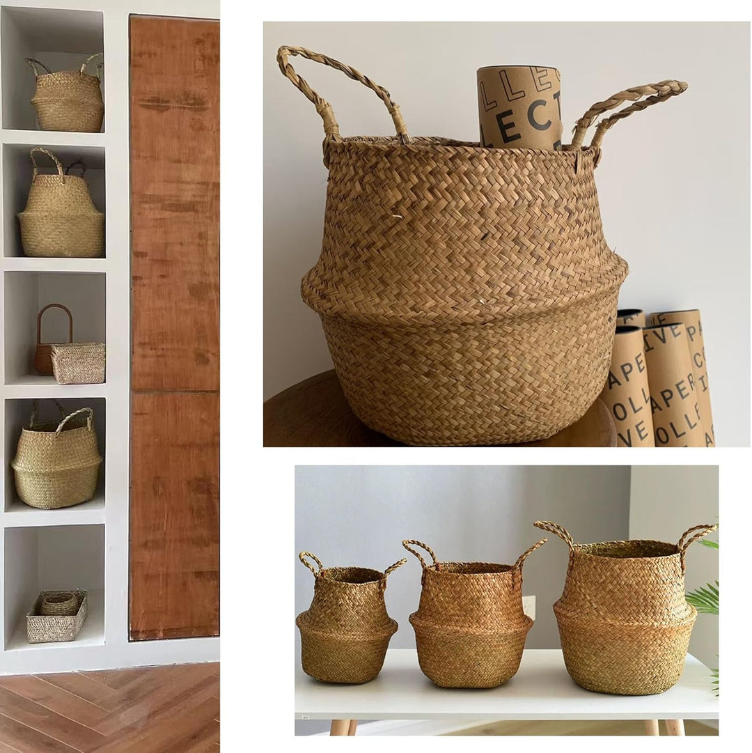 GOODCHANCEUK 3er Set Wäschekorb Faltbar Seegras Blumenkorb Handgewebt Blumen Stroh Korb für Pflanze