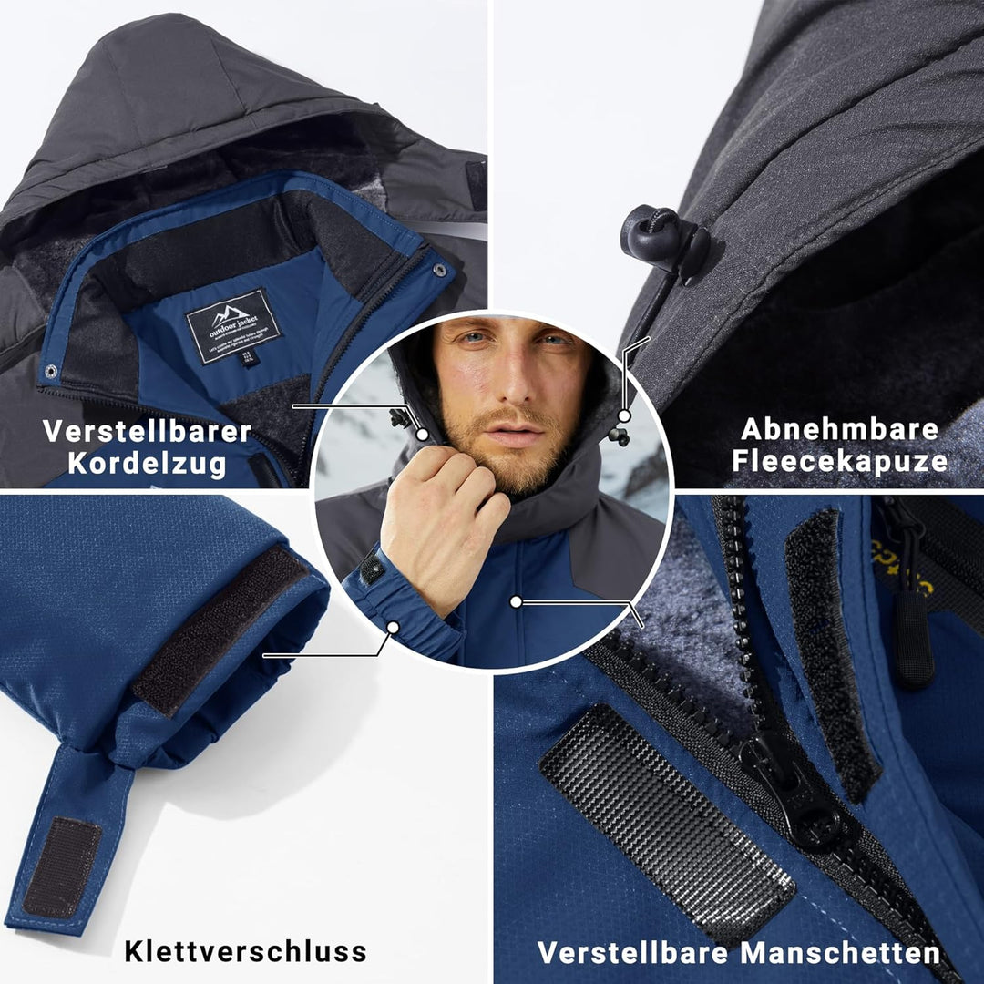 KEFITEVD Herren Skijacke Atmungsaktiv Warm Gefüttert Winterjacke mit Abnehmbarer Kapuze Snowboardjac