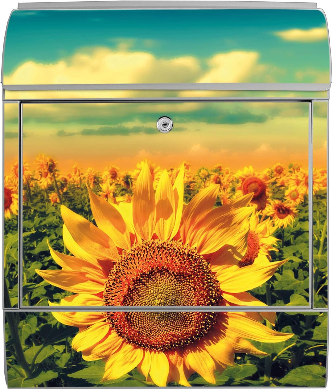 banjado® Design Briefkasten mit Motiv Sonnenblumen 39x47x14cm &amp; 2 Schlüssel - Briefkasten Stahl Silb