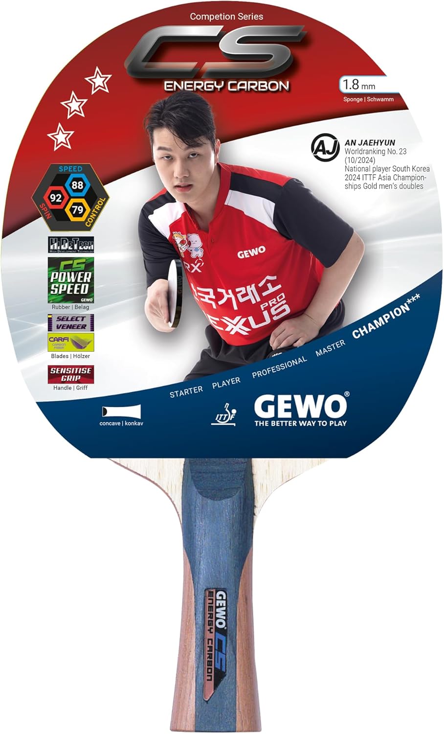 GEWO CS Energy Carbon - Tischtennis-Schläger - Profi-Tischtennisschläger, ITTF genehmigt - Carbon-Sc