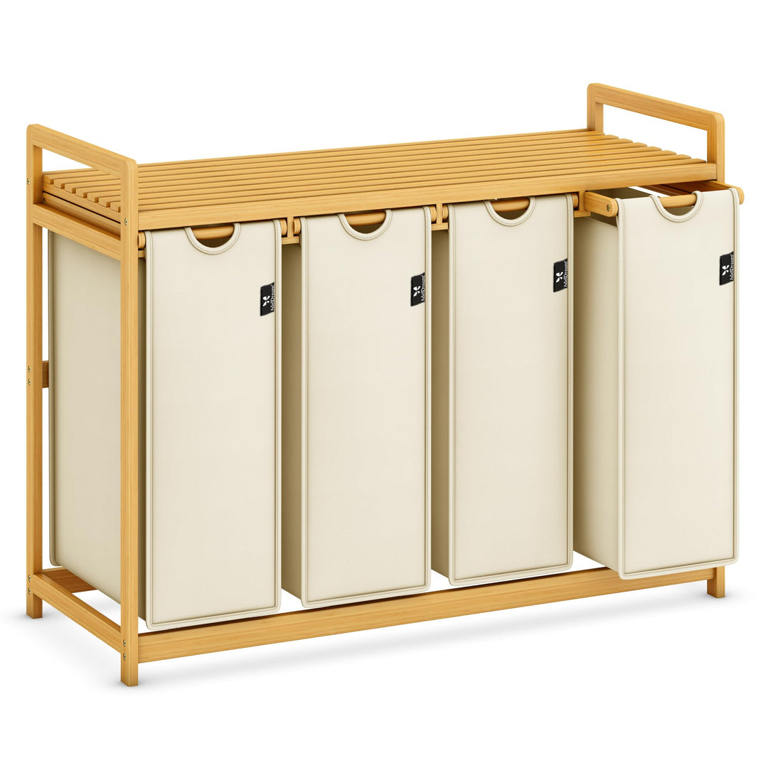 AdelDream Wäschekorb 200L, 4 Fächer Wäschesammler mit Ablage, Bambusrahmen | Wäschesortierer mit 4 x