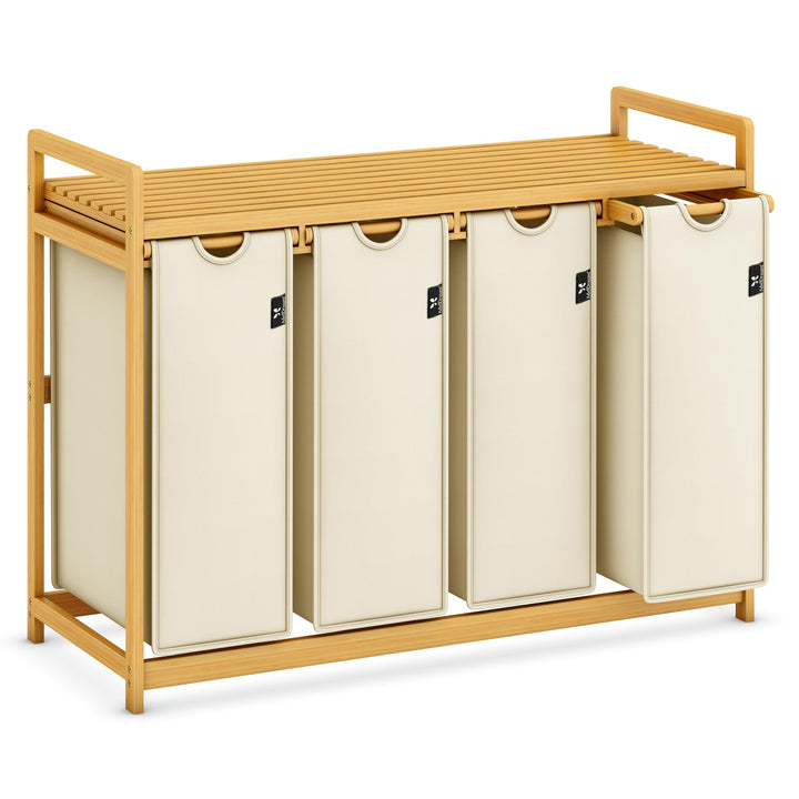 AdelDream Wäschekorb 200L, 4 Fächer Wäschesammler mit Ablage, Bambusrahmen | Wäschesortierer mit 4 x