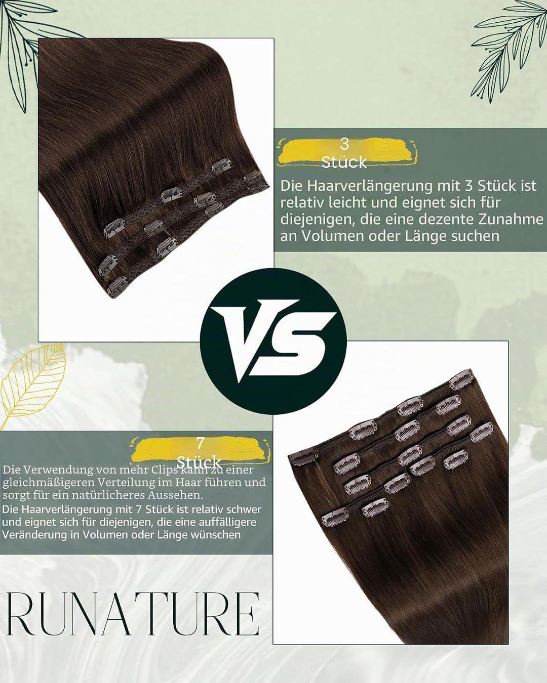 RUNATURE Clip in Extensions Echthaar Mittelbraun Remy Clip in Echthaar Extensions Braun Clip in Haar