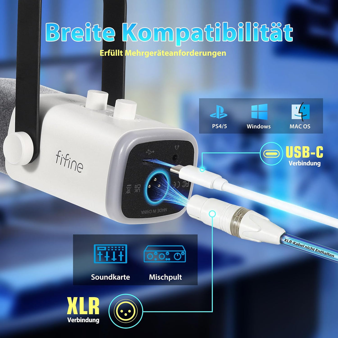 Fifine XLR Streaming Mikrofon mit Arm für Podcast Studio, USB Dynamisch Microphone Gaming PC mit Stu
