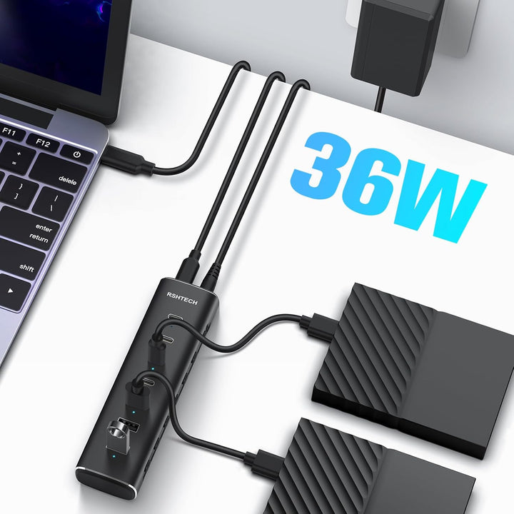 RSHTECH Alle 7 Anschlüsse sind USB-C Hub 3.2 mit Netzteil - Aktiver Verteiler 3.1 - Aktiv Schaltbaer