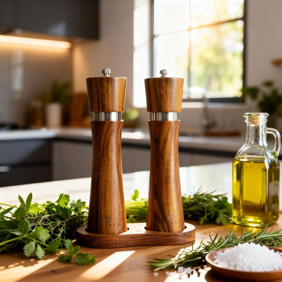 ECENCE Salz und Pfeffermühle Holz 2er Set Pfeffer und Salzmühle aus Akazienholz, Gewürzmühle mit Ker