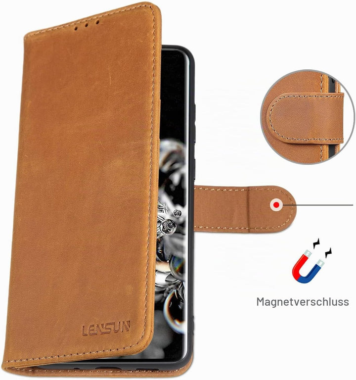 LENSUN Echtleder Hülle für Samsung Galaxy S20 Ultra, Handyhülle Leder [Magnetverschluss][RFID Schutz