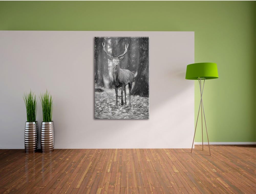 Pixxprint Schöner Hirsch im Wald als Leinwandbild/Grösse: 100x70 cm/Wandbild/Kunstdruck/fertig bespa