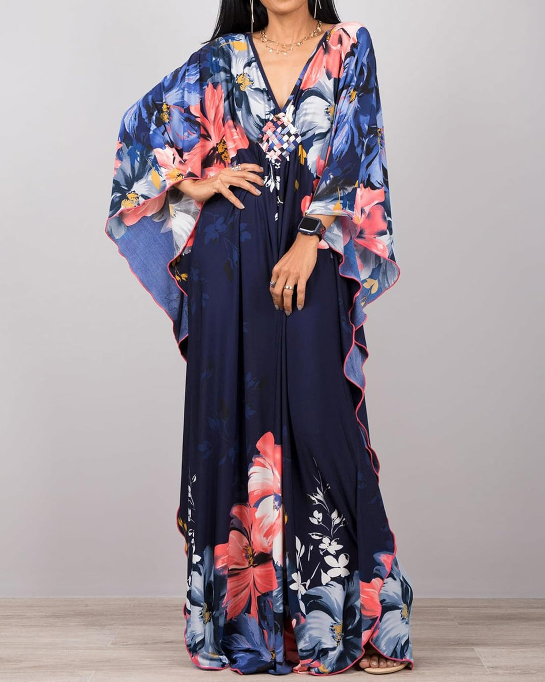 Bsubseach Damen Ethnic Print Kaftan Beach Dress Plus Size Strandkleid F-Navy Blume, F-Navy Blume