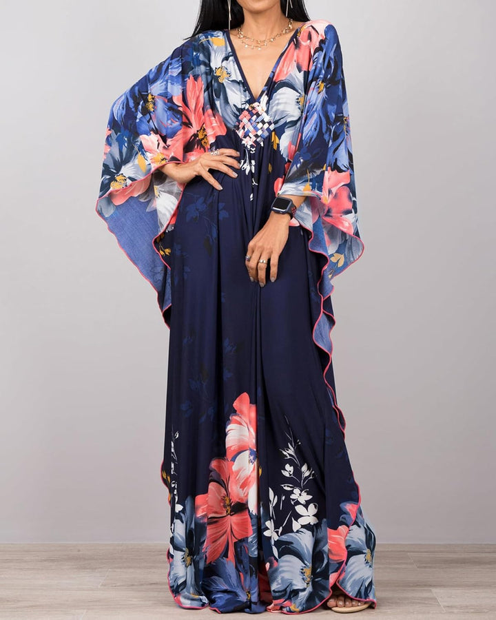 Bsubseach Damen Ethnic Print Kaftan Beach Dress Plus Size Strandkleid F-Navy Blume, F-Navy Blume