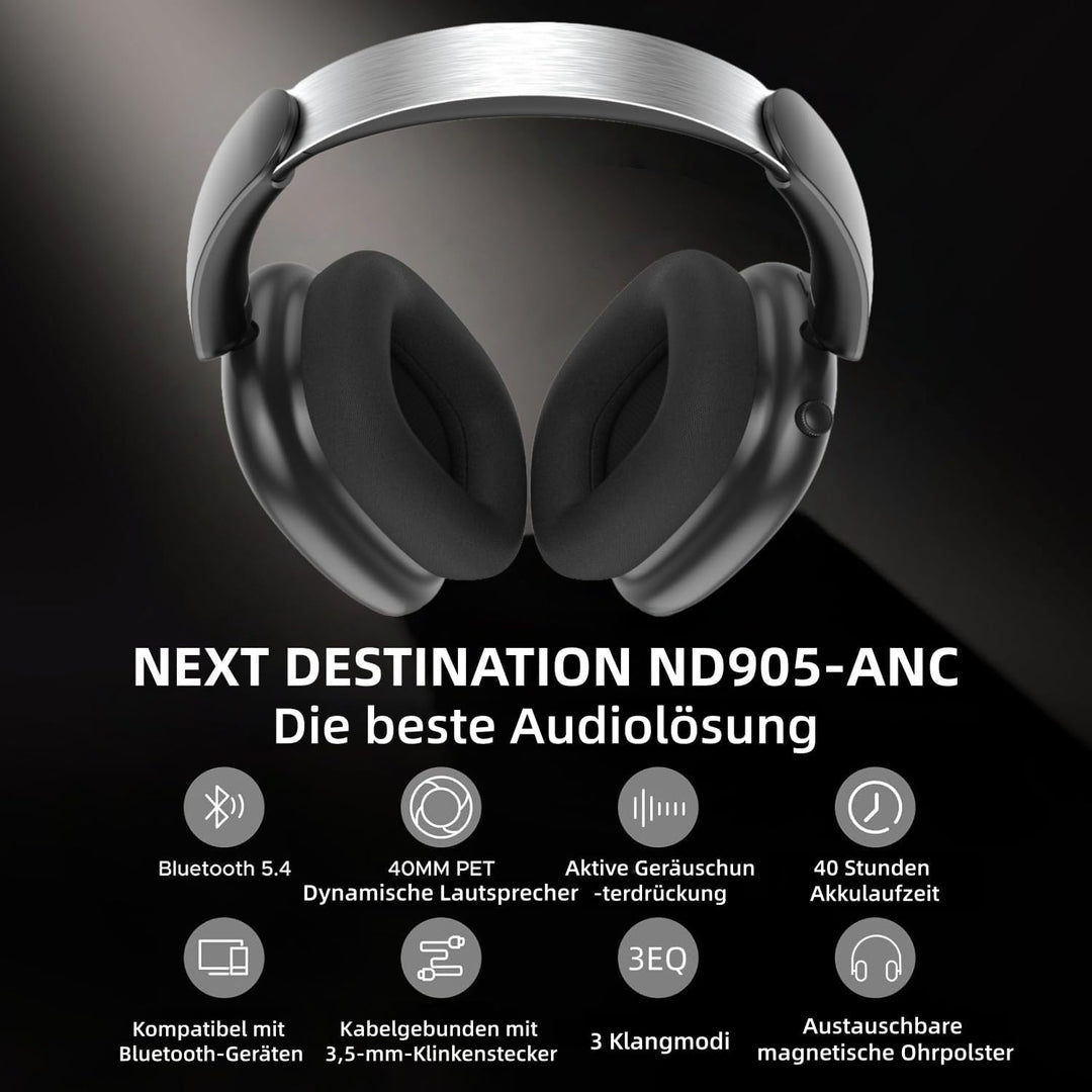 Next Destination ND905-ANC Kabellose Kopfhörer mit Bluetooth 5.4, aktive Geräuschunterdrückung, 40 H