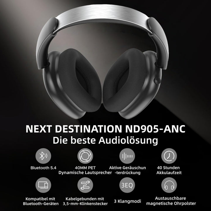 Next Destination ND905-ANC Kabellose Kopfhörer mit Bluetooth 5.4, aktive Geräuschunterdrückung, 40 H