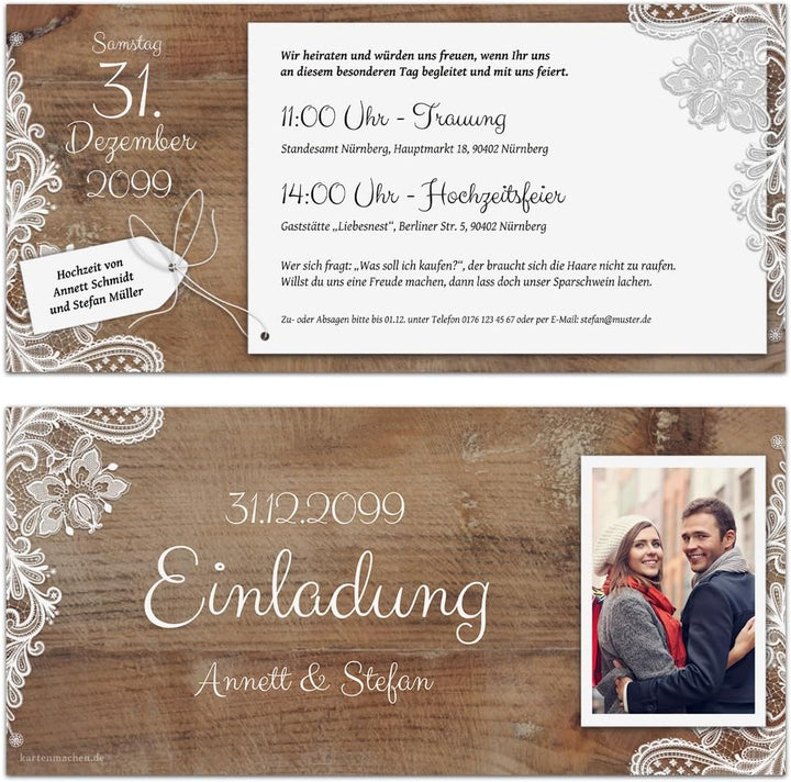 Kartenmachen.de 10 x Hochzeitseinladungen individuell mit Ihrem Text und Foto als DIN Lang Ticket 99