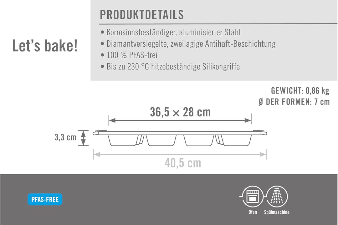 Woll Bakeware Muffinform für 12 Stück, mit hitzebeständigen Silikongriffen bis 230°C, PFAS-frei, zwe