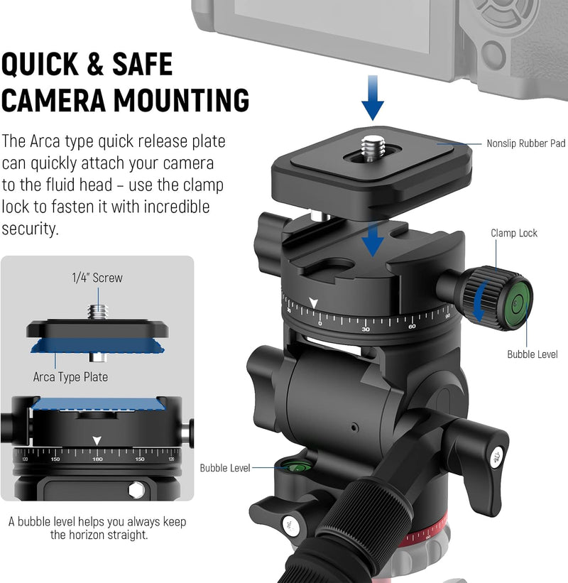 NEEWER Fluidkopf für Videostativ, Fluid Stativkopf mit 360° Panoramakopf (⌀43mm), Teleskopgriff, Arc