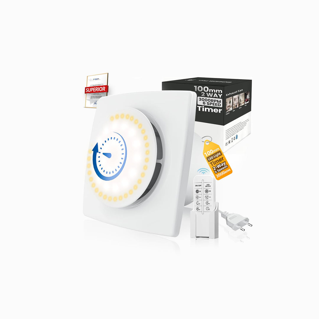 100mm Badlüfter mit Nachlauf & LED Beleuchtung,3000U/min 220m³/h,2 Wege 6 Drehstufen mit Anzeigelamp