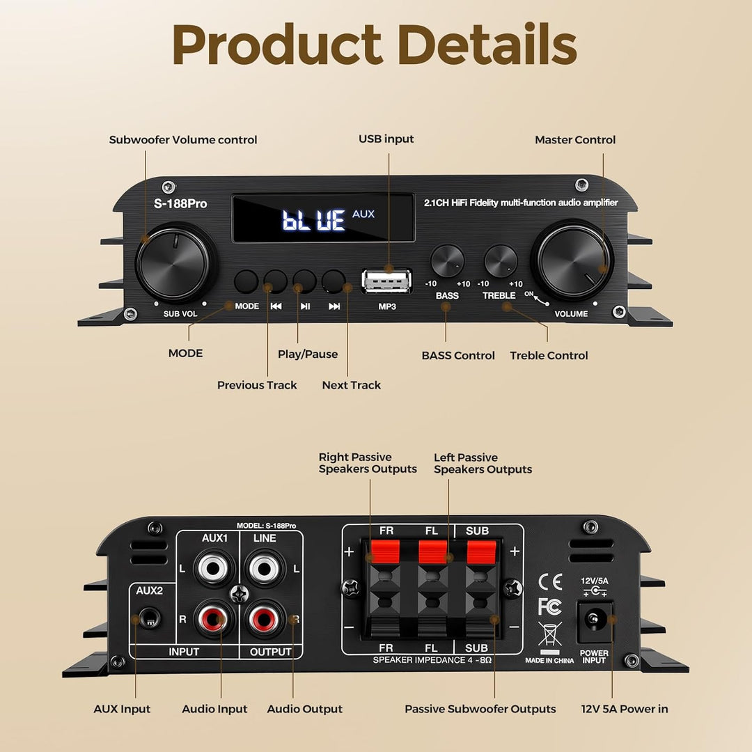 2.1 Kanal Stereo Audio Verstärker, Bluetooth 5.0 HiFi Endstufe mit Subwoofer-Ausgang, 300W×2+360W, U